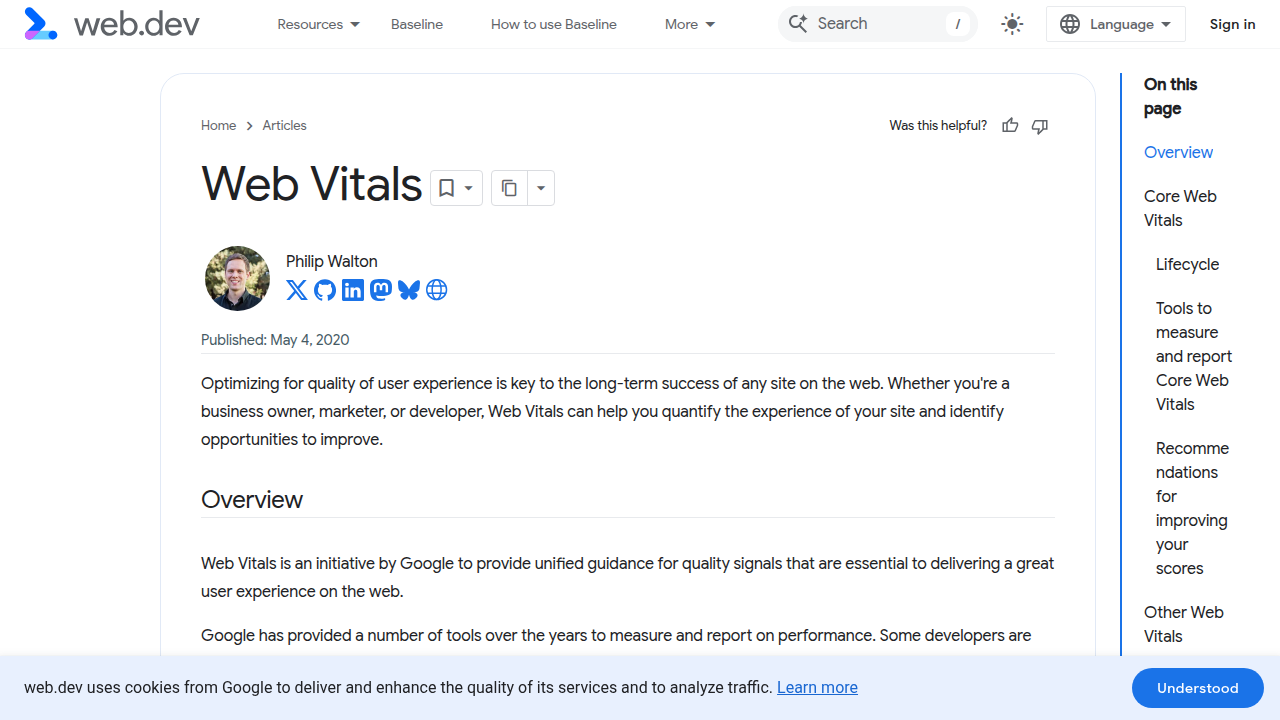 Weblish View of Core Web Vitals on web.dev