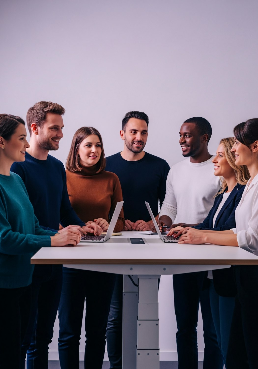A diverse team collaborating and discussing strategy around a table, symbolizing the process of evaluating and selecting an SEO agency.