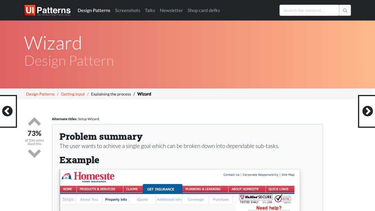 A screenshot of the UI-Patterns.com website, showcasing its detailed entry on the 'Wizard' design pattern and its applications.