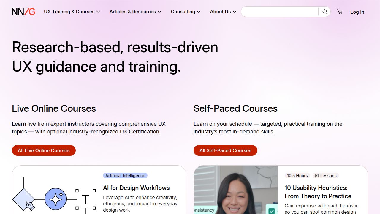 A screenshot of the Nielsen Norman Group homepage, a prominent resource for UX research and design insights.