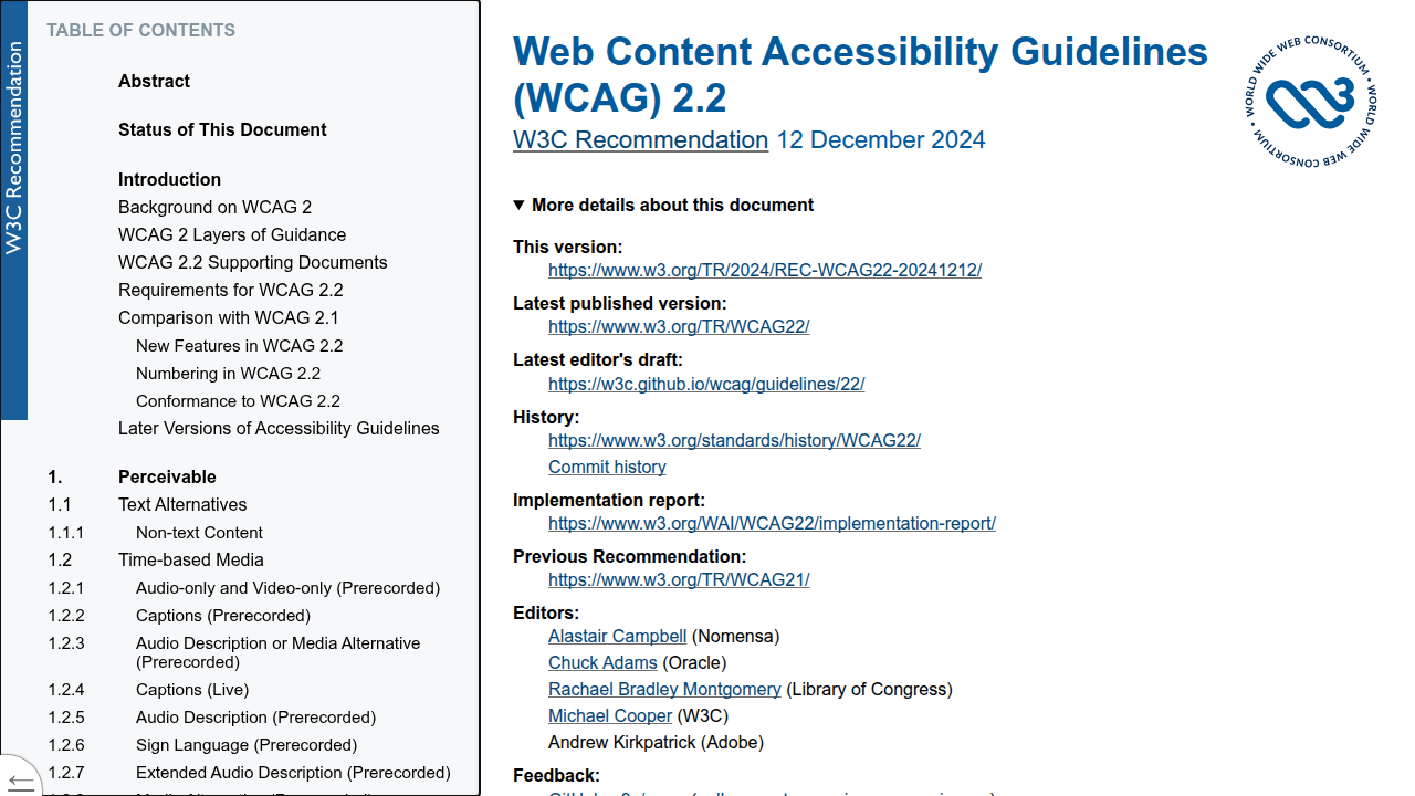 A screenshot of the official W3C WCAG 2.2 guidelines page, which outlines the latest web content accessibility standards.