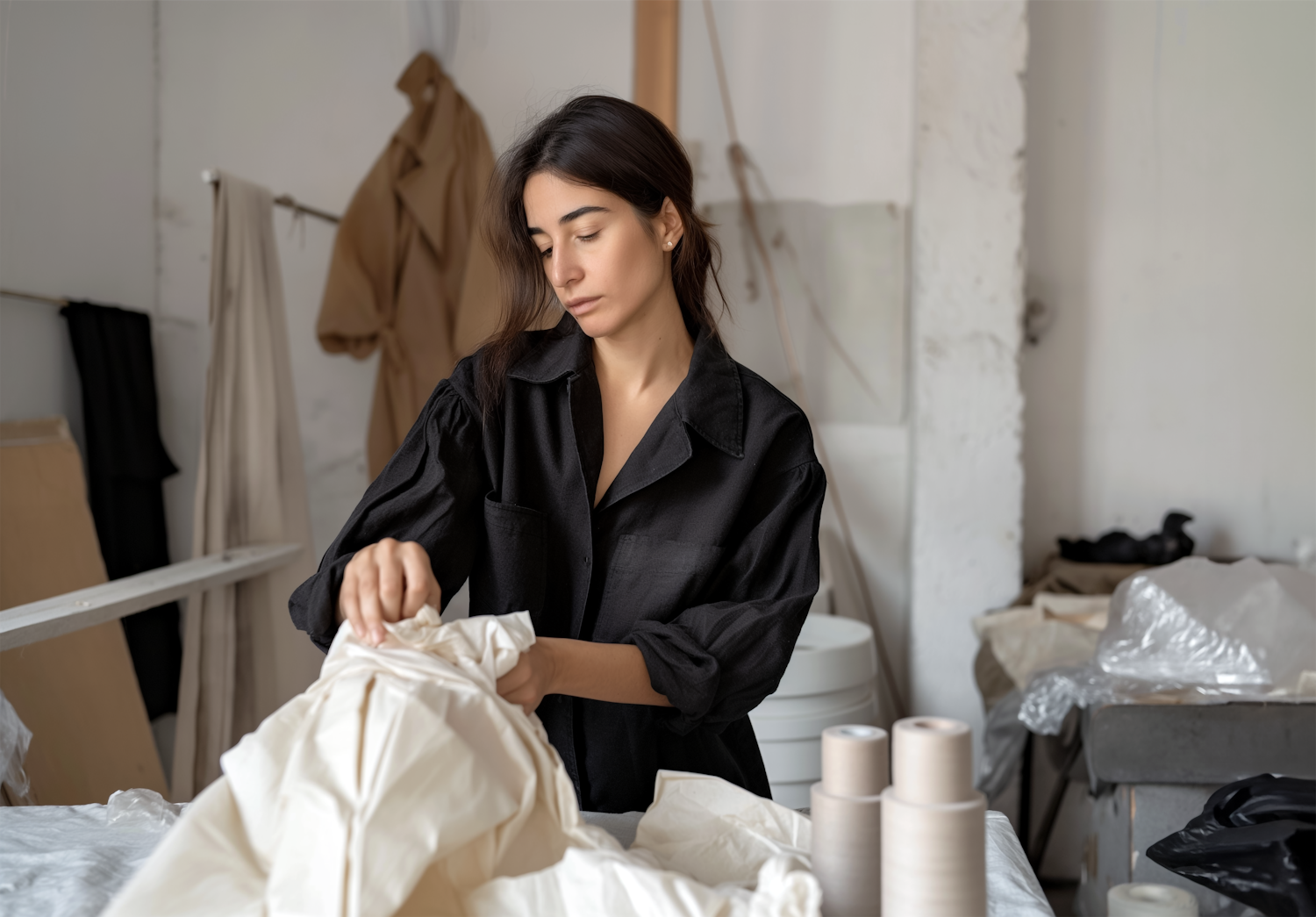 A fashion designer working from a home studio, utilizing digital tools to create garments for remote projects.
