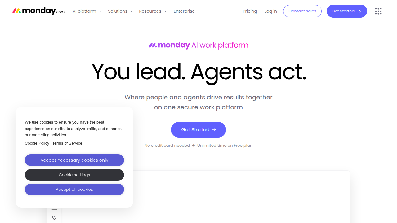 A screenshot of the Monday.com homepage, a platform often used for task management that can inform audience segmentation strategies.