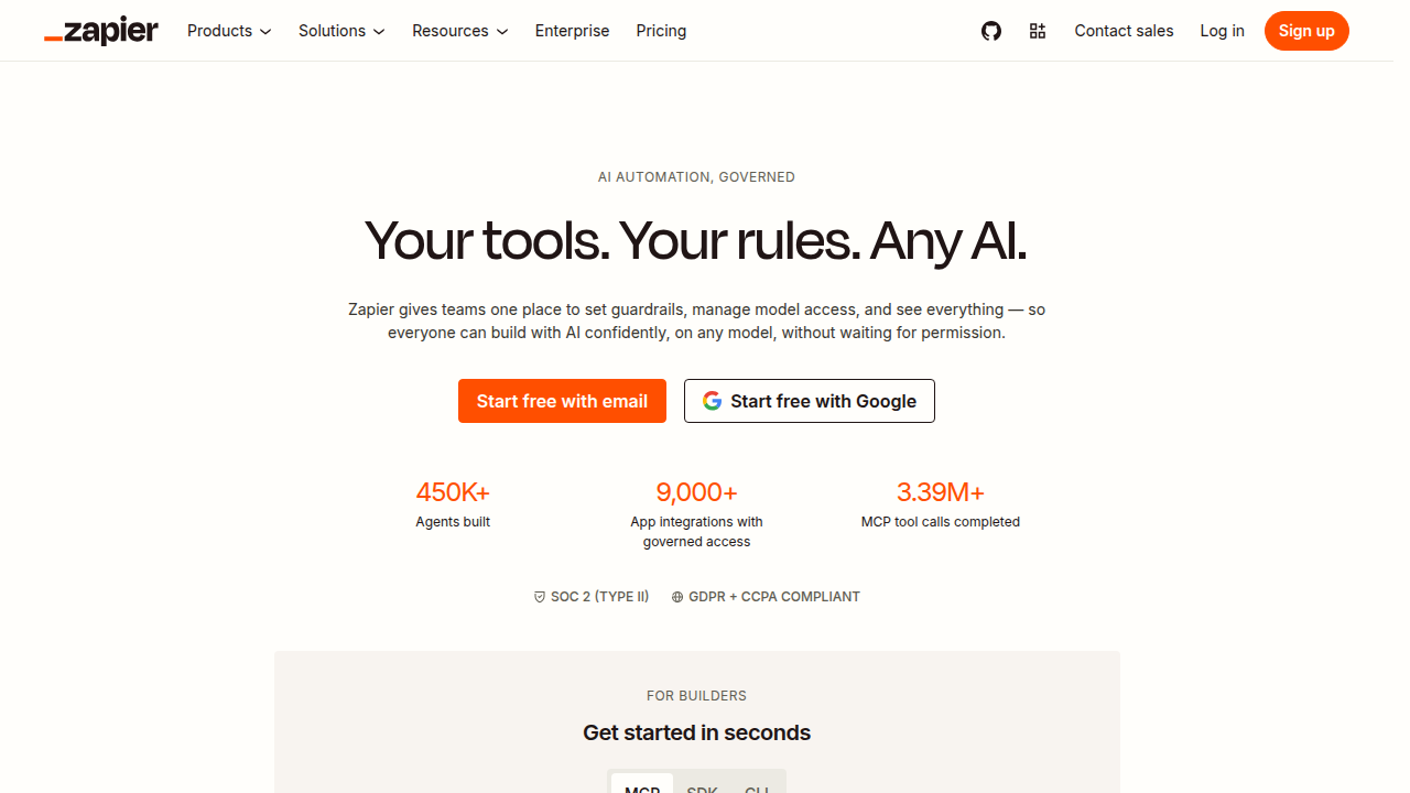 A screenshot of the Zapier homepage, illustrating a popular tool for connecting apps and automating workflows, crucial for drip marketing.