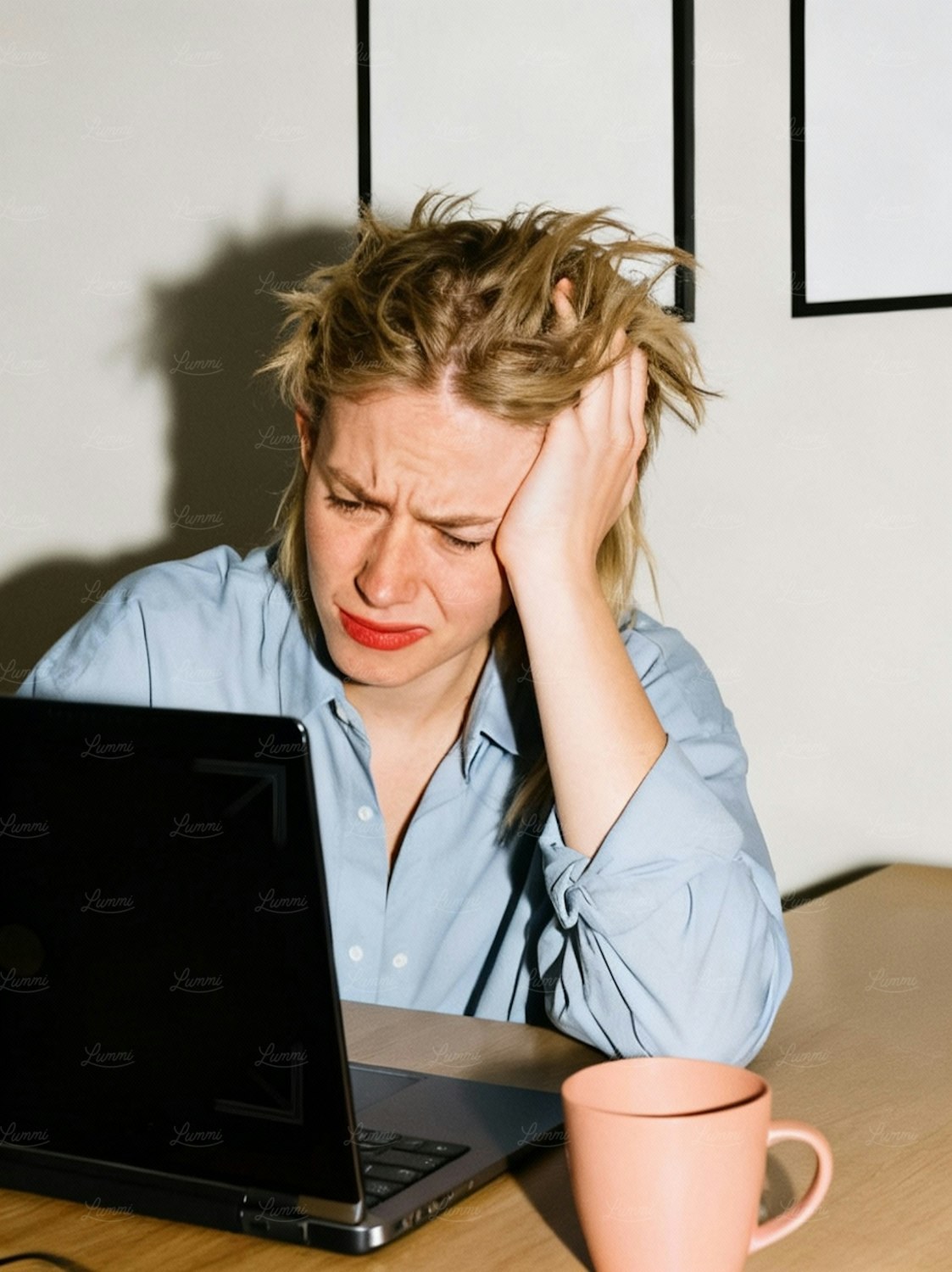 A small business owner looking thoughtfully or slightly frustrated at a laptop screen, symbolizing the common struggle with a non-converting website.