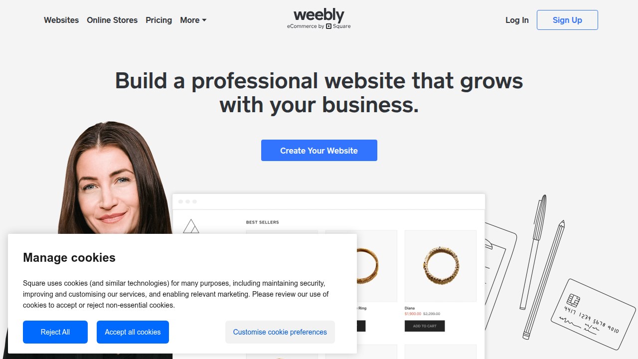 A screenshot of Weebly's homepage, a common starting point for small businesses seeking a free website builder.