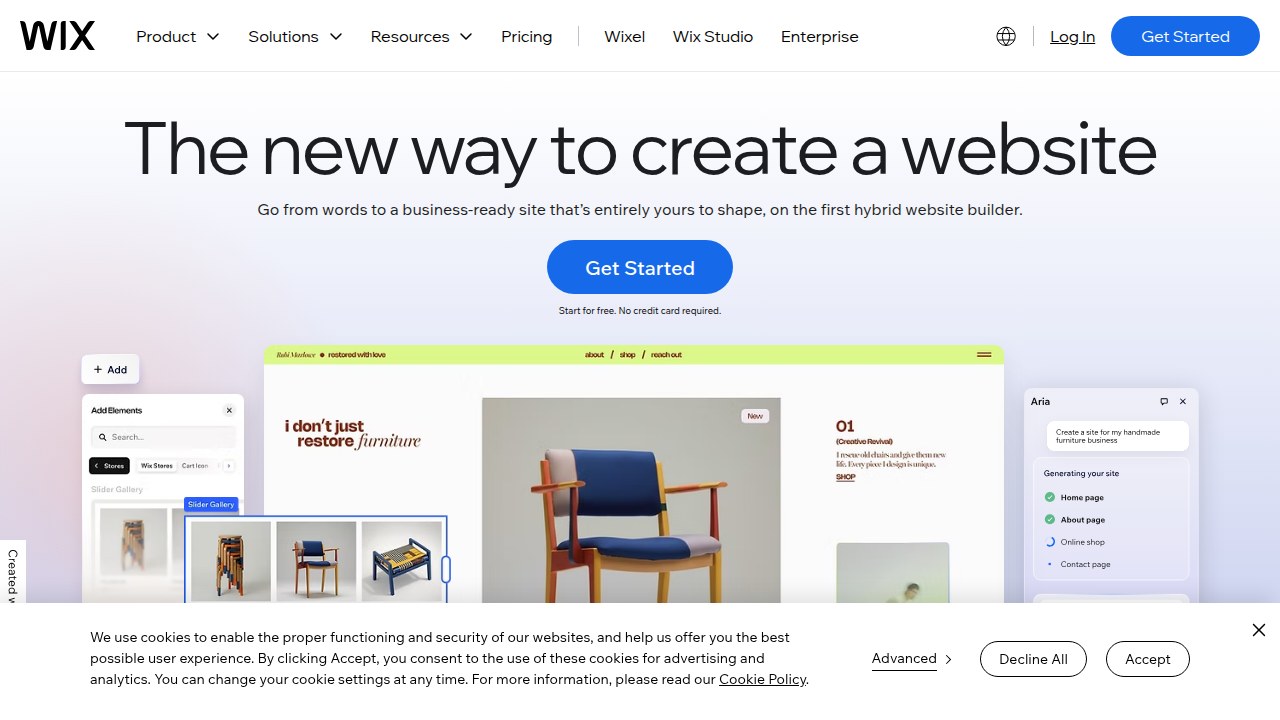 A screenshot of the Wix homepage, showcasing its extensive templates and drag-and-drop website creation tools.