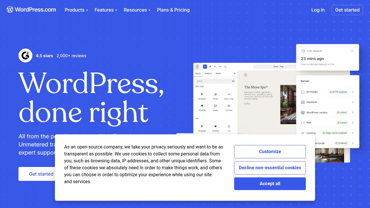 A screenshot of the WordPress.com homepage, highlighting its robust blogging and content management features for various users.