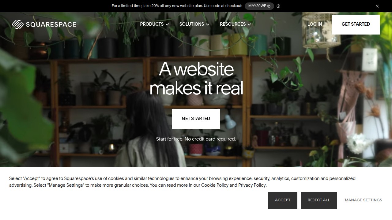 A screenshot of Squarespace's homepage, known for its focus on sophisticated design and responsive, modern website templates.