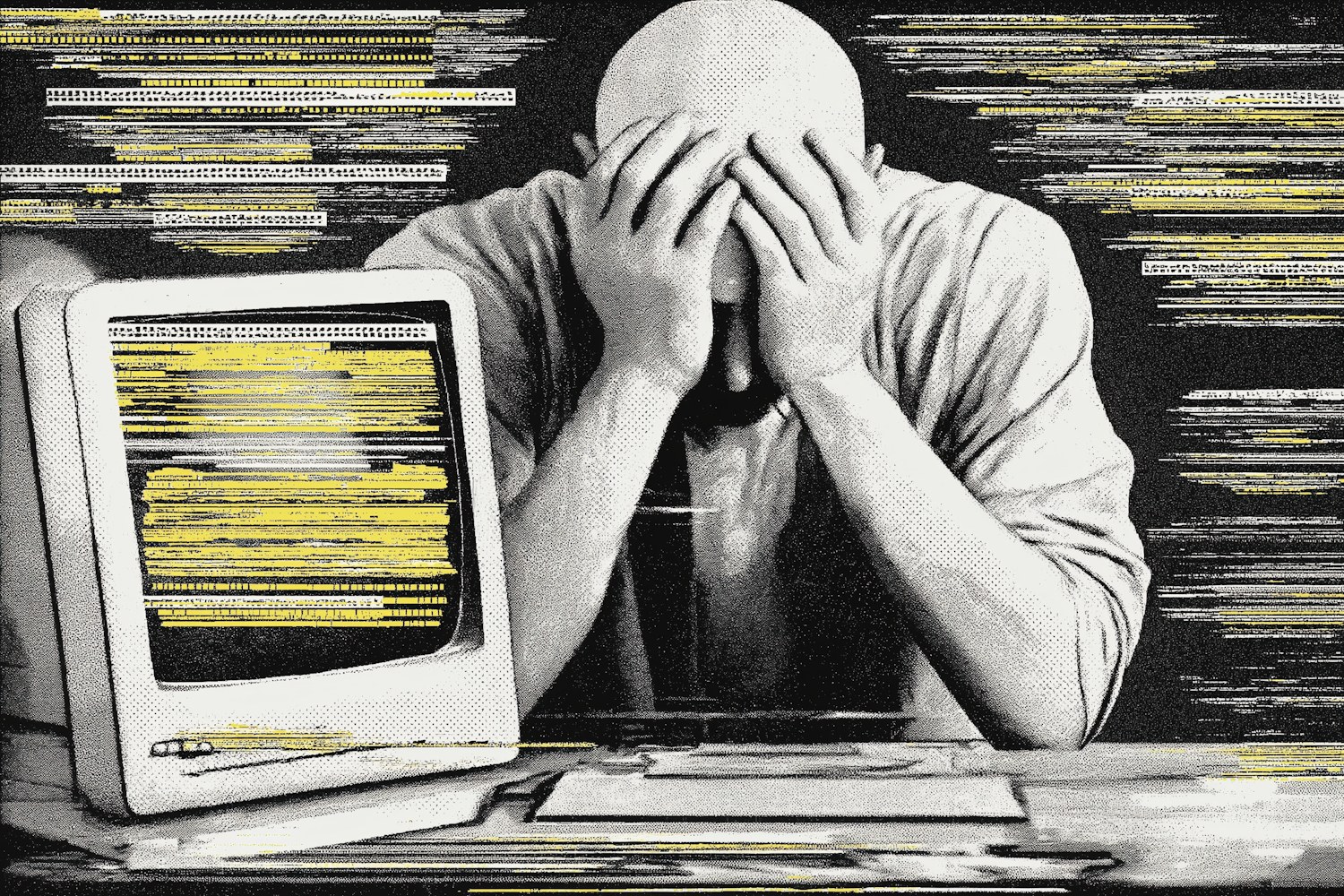 An image depicting a person reacting negatively to a website that is slow to load and visually cluttered with intrusive advertisements.