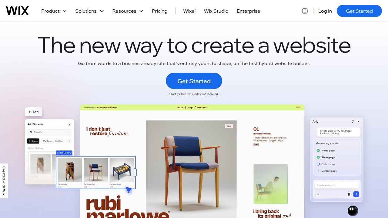 A screenshot of the Wix homepage, highlighting its interface and design capabilities, reflecting its role as a flexible platform for building an online presence.