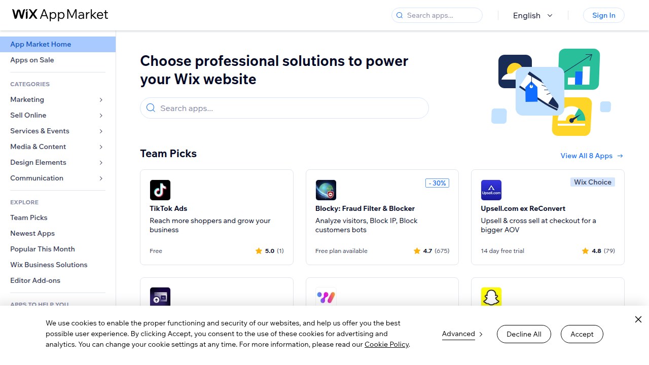 A screenshot of the Wix App Market, illustrating the range of tools and integrations available for customizing a Wix site, including lead capture forms and marketing automation applications.