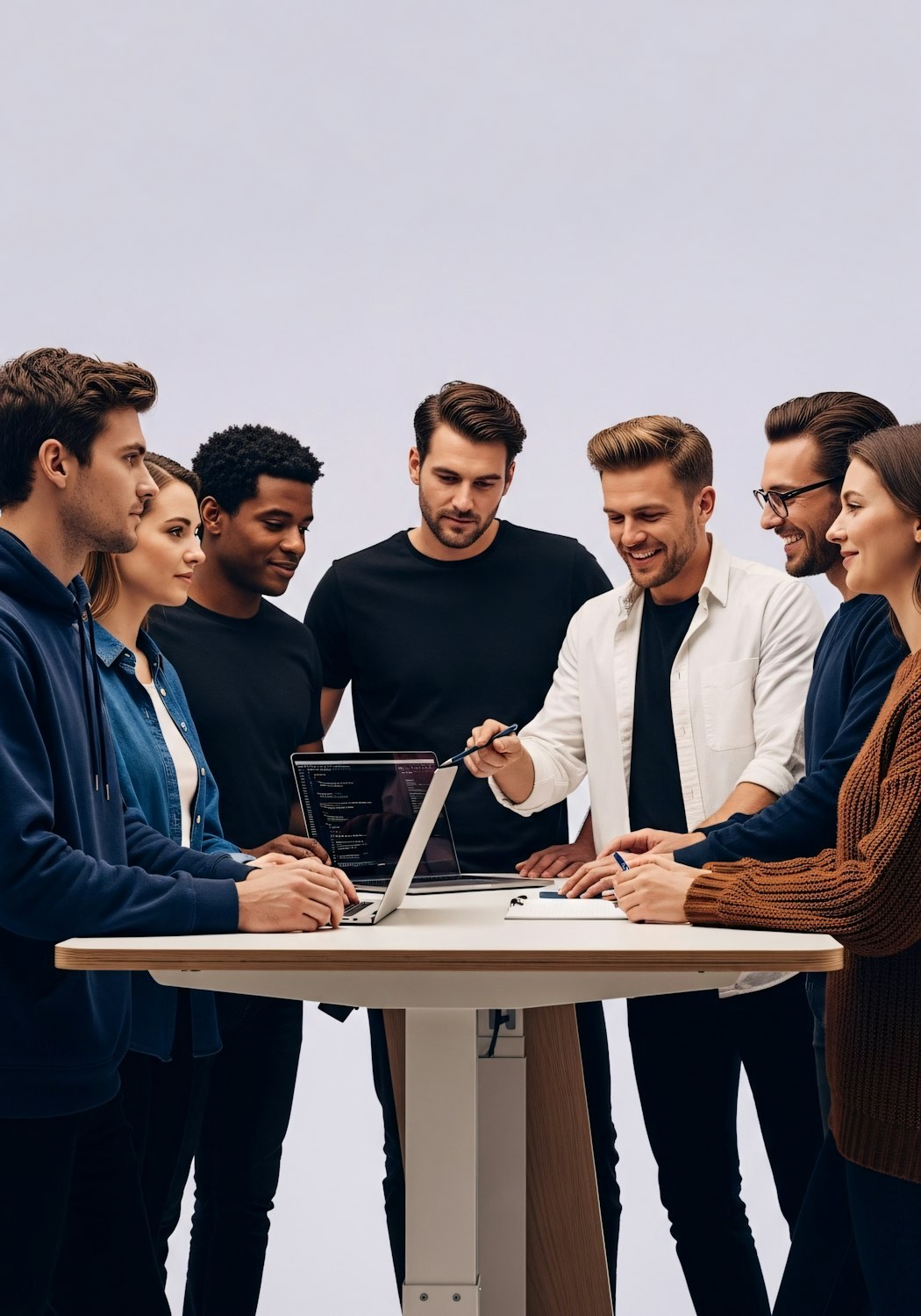A small group of designers and developers collaborating around a screen, demonstrating effective teamwork in a modern office setting.