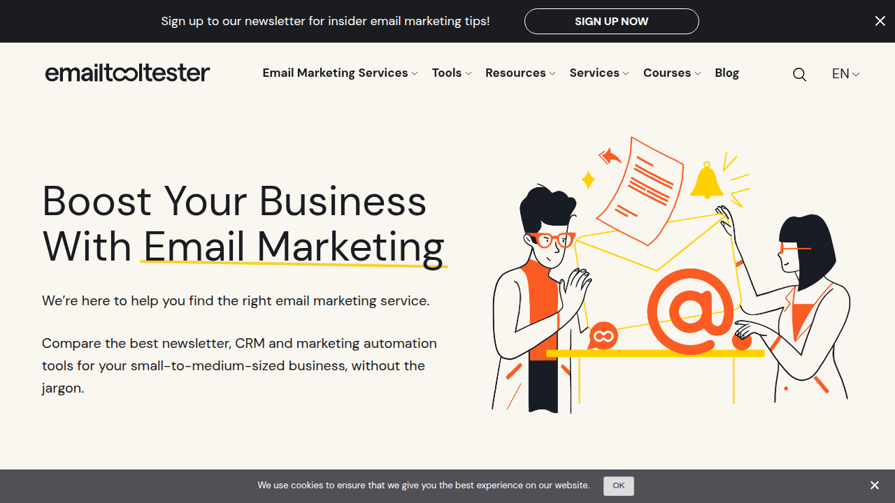 The homepage of EmailToolTester, a resource for finding and comparing email marketing tools, which also features lists of valuable free marketing tools for businesses.