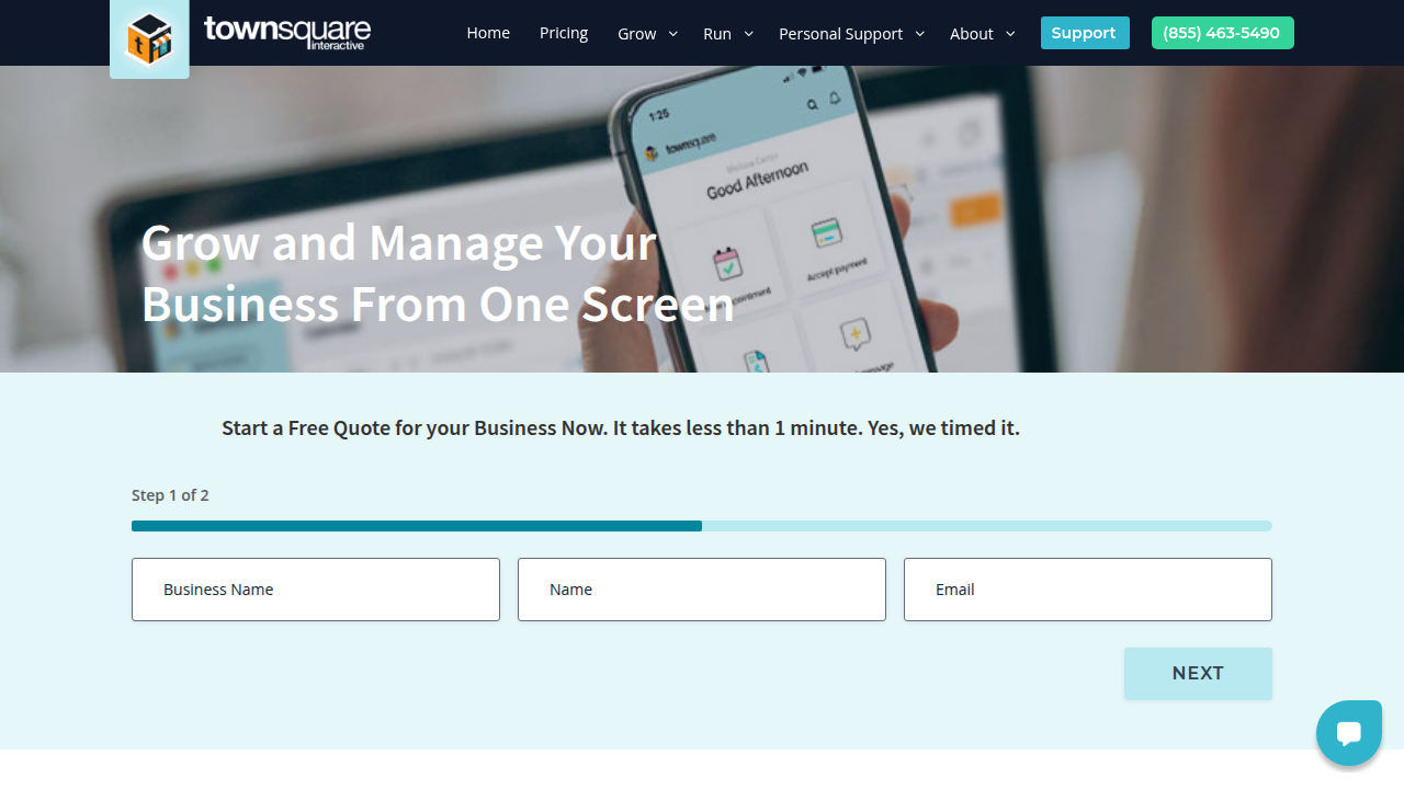 The homepage of Townsquare Interactive, offering digital marketing solutions for small businesses.