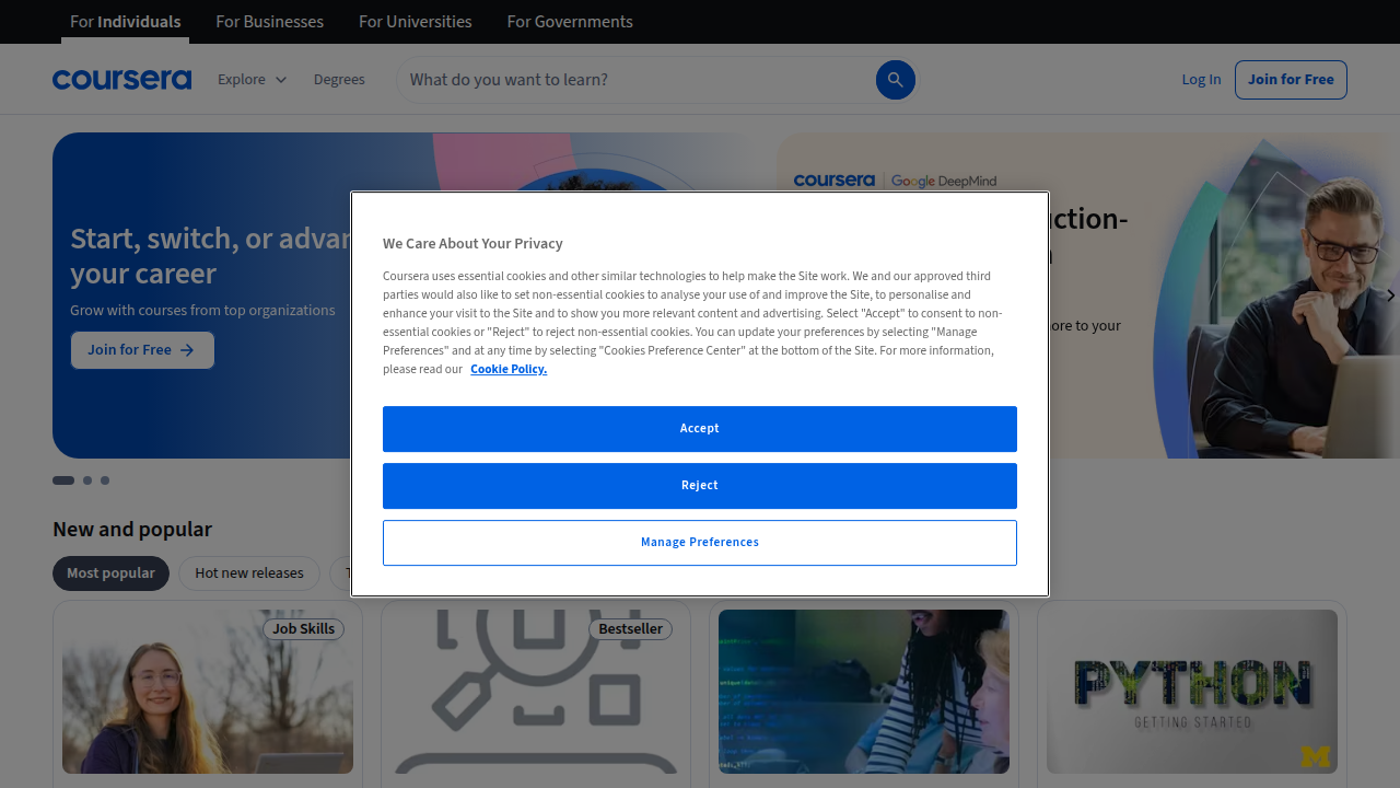 Screenshot of the Coursera homepage, a leading online learning platform for professional development.