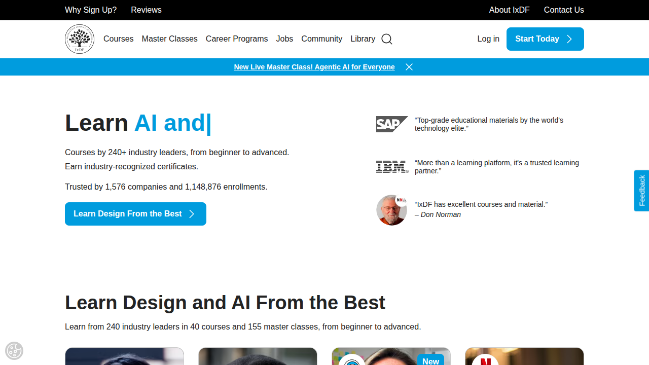Screenshot of the Interaction Design Foundation (IDF) homepage, a platform for continuous UX learning.