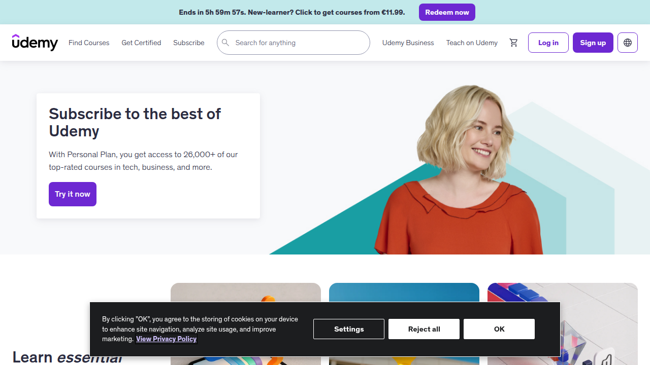 Screenshot of the Udemy homepage, an online marketplace for various educational courses.