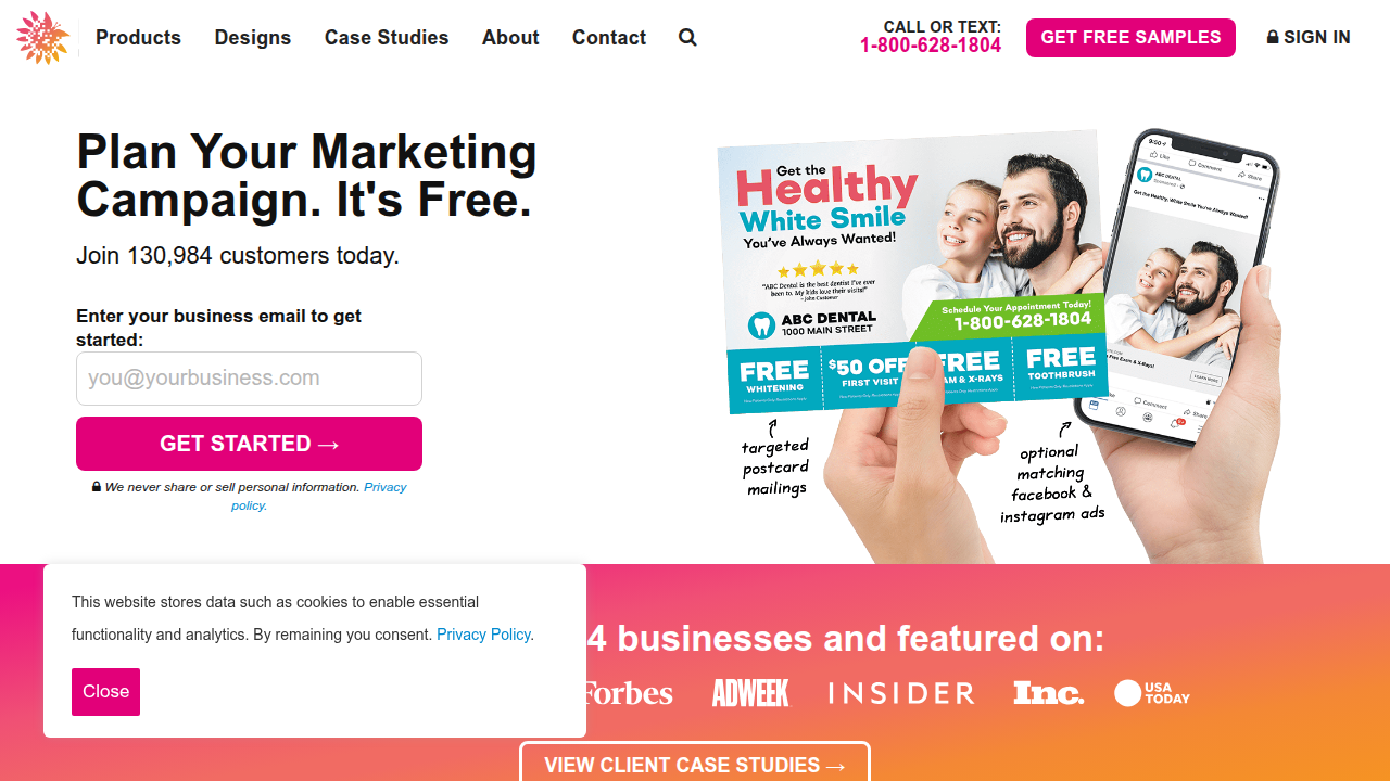 Screenshot of PostcardMania's website, a resource for small business marketing statistics and insights.