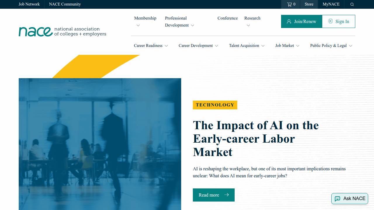 Screenshot of the National Association of Colleges and Employers (NACE) website, a valuable resource for internship best practices.