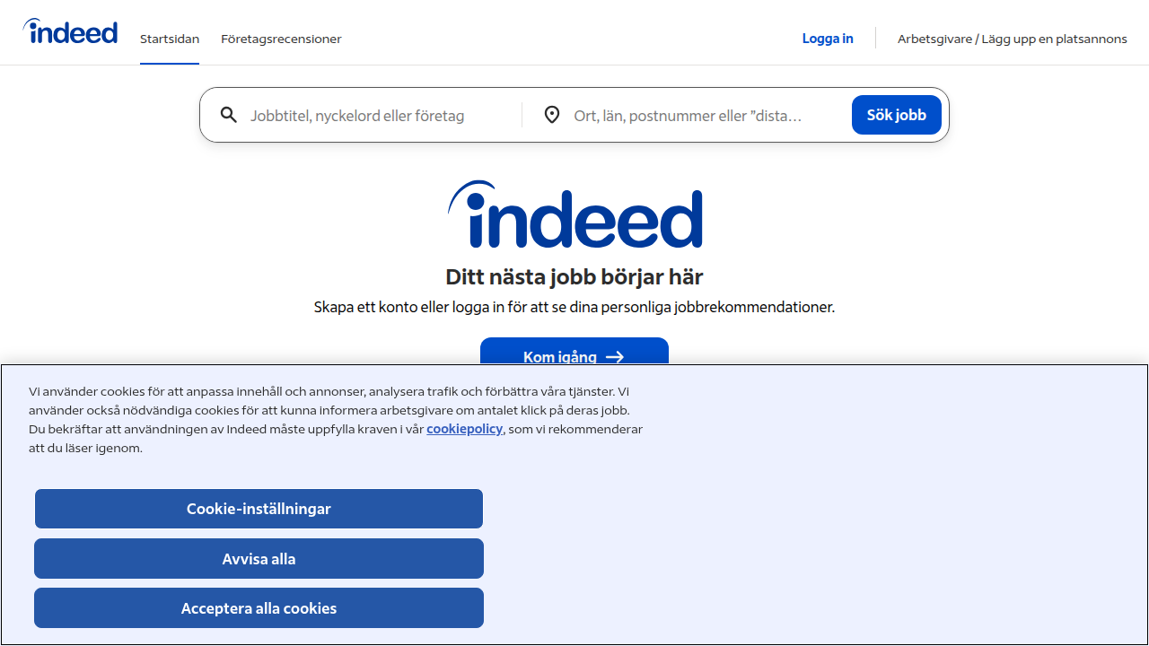 Screenshot of the Indeed homepage, a popular platform for job and internship searches, offering wide reach.