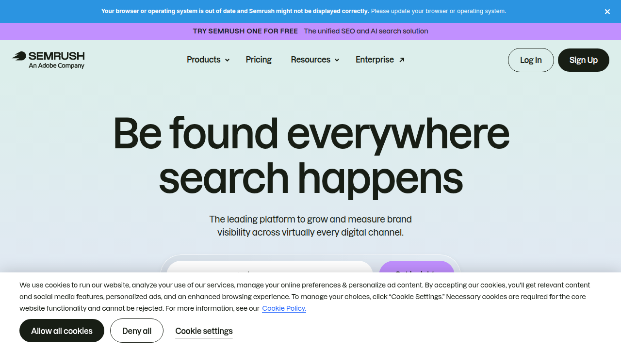 Screenshot of the Semrush homepage, a leading platform for SEO, content marketing, and competitive research.