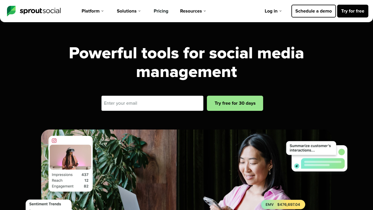 Screenshot of the Sprout Social homepage, a platform for social media management and analytics.